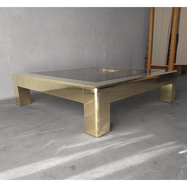 1970s 5 Foot Square Brass and Copper Heavy Parson Coffee Table by Karl Springer For Sale - Image 5 of 9