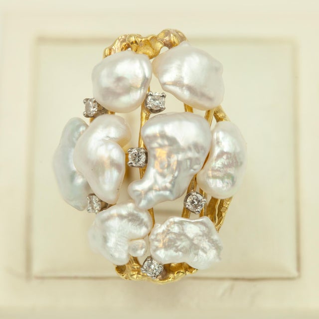 1980s Vintage Cellino 18k Diamond Natural Pearl Cocktail Ring, Size 5.75 For Sale - Image 10 of 11