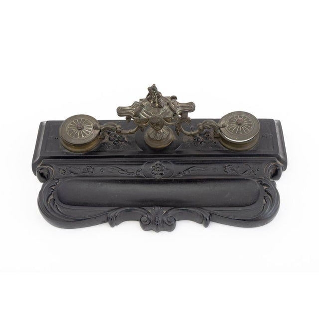 French Louis XV Style Pewter Mounted Double Inkwell Stand For Sale - Image 3 of 10