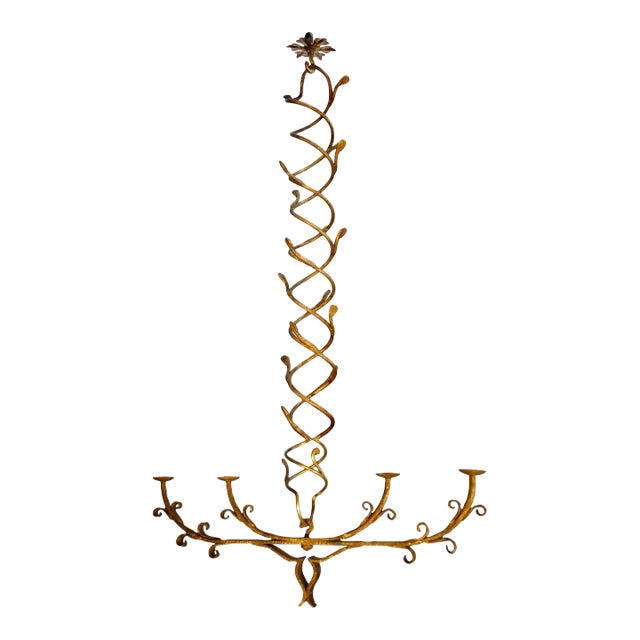 Italian Mid Century Art Nouveau Forged Wrought Iron and Gold Gilt Chandelier For Sale