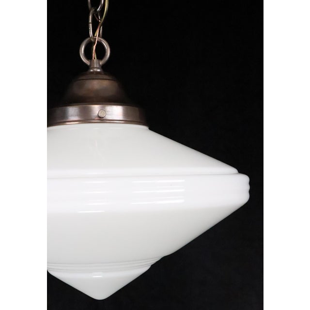 Mid 20th Century Mid 20th Century Restored Art Deco Opaline Glass Flying Saucer Pendant Light For Sale - Image 5 of 8