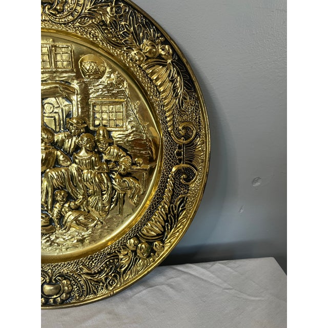 Early 20th Century Vintage English Embossed Brass Plate - Colonial Family Scene For Sale - Image 5 of 10