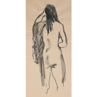 Rip Matteson Standing Nude With Coat, Ink Drawing, 20th Century For Sale