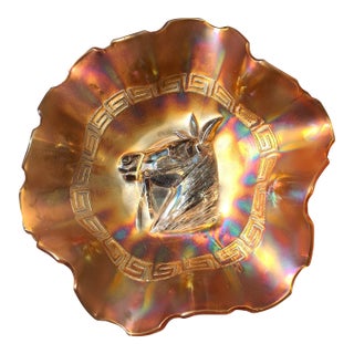 1950s Carnival Iridescent Marigold Horse Head Bowl Catch All Dish For Sale