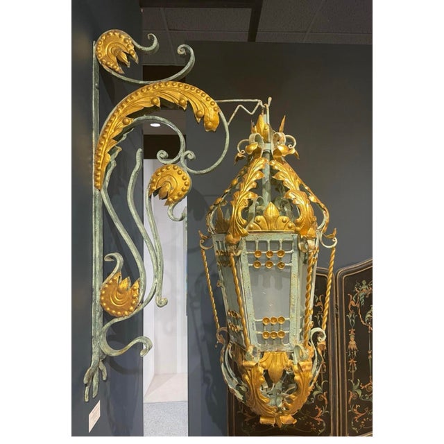 Early 20th Century Green and Gold Wrought Iron Lantern For Sale - Image 4 of 5