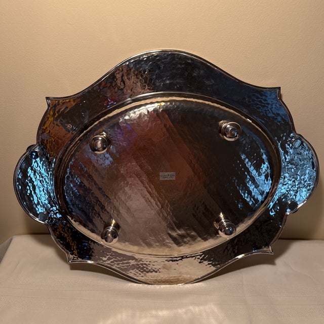Global Views Global Views Hammered Nickel Oval Tray With Black Leather Handles & Ball Feet For Sale - Image 4 of 5