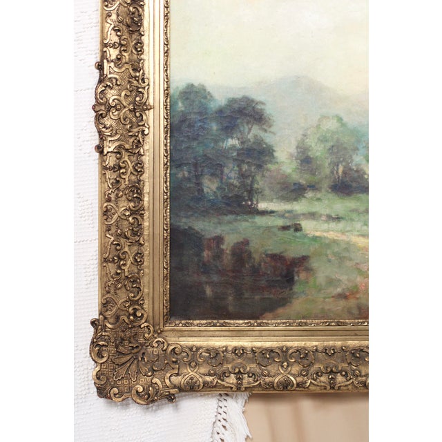 Large Antique Landscape Oil Painting in an Ornate Gold Frame From the 19th Century For Sale - Image 14 of 16