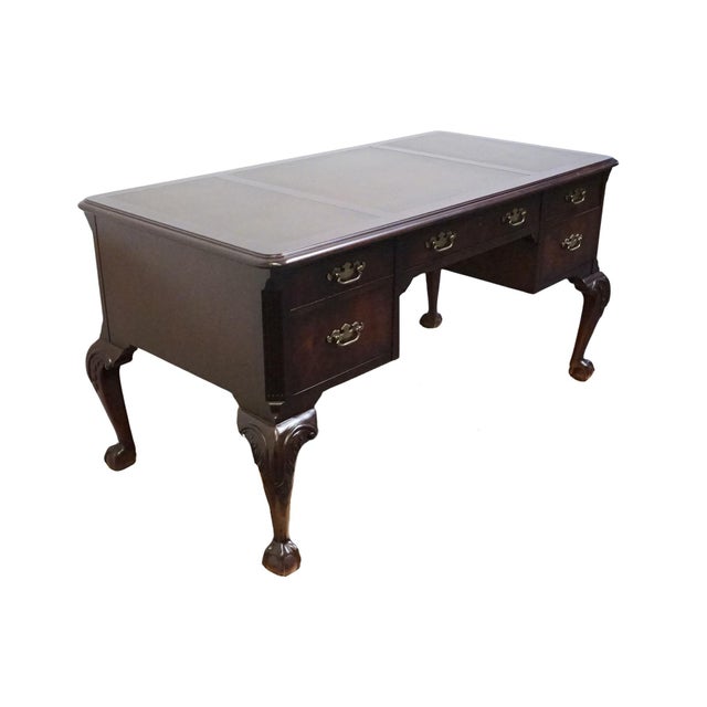 Chippendale Hekman Furniture Solid Mahogany Traditional Chippendale Style 58" Writing Desk W. Tooled Leather Top For Sale - Image 3 of 12