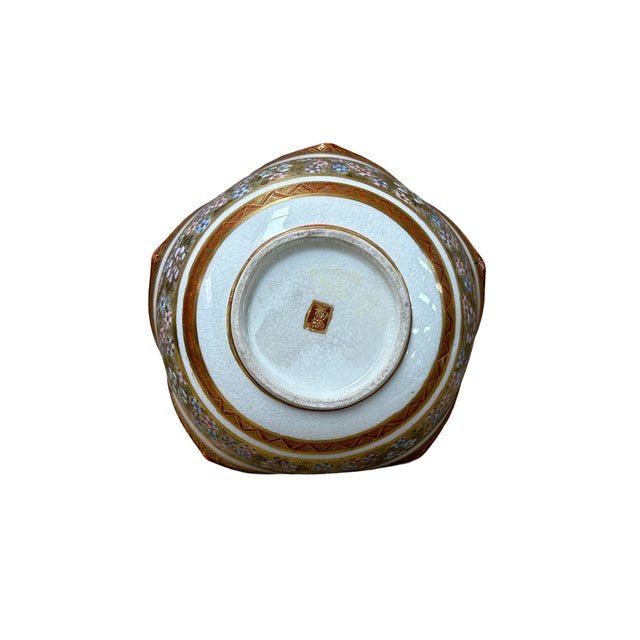 Oriental Flower Star Shape Porcelain Plates Golden Scenery Graphic For Sale - Image 4 of 6