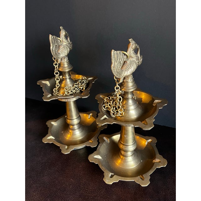 Vintage Pair of Hanging Two Tiered Brass Peacock Diyas For Sale - Image 10 of 12