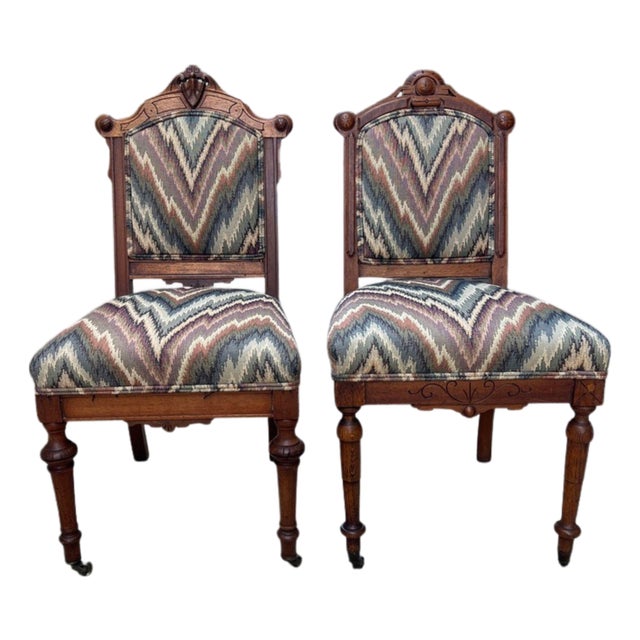 19th Century Eastlake Walnut Hall Chairs With Bargello Upholstery, Set of 2 For Sale