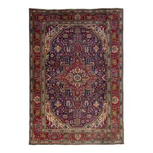 1960s Vintage Persian Tabriz Handmade Medallion Navy Blue Wool Rug