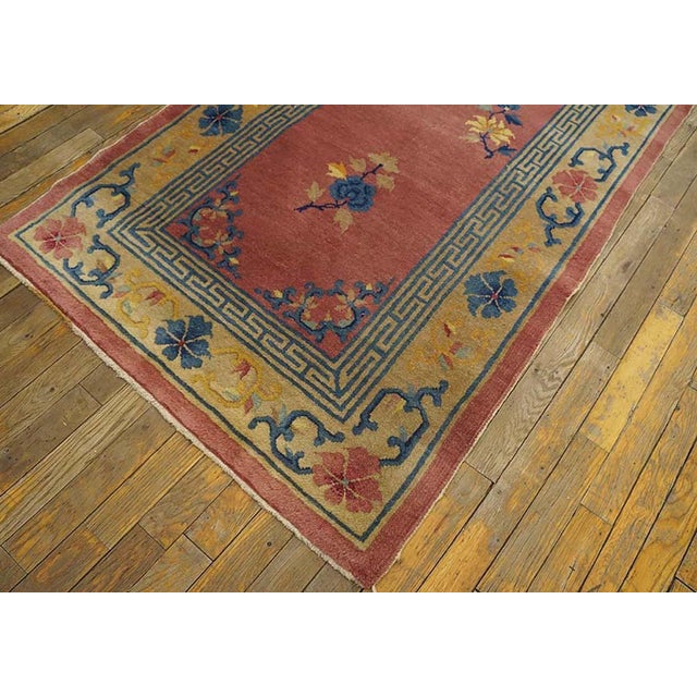 1930s Pink-Rose Floral Antique Chinese Peking Rug 3' X 11'8" Handknotted Wool Carpet For Sale In New York - Image 6 of 6