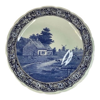 Vintage Delfts Boch Belgium Blue Windmill Holland Charger Plate For Sale