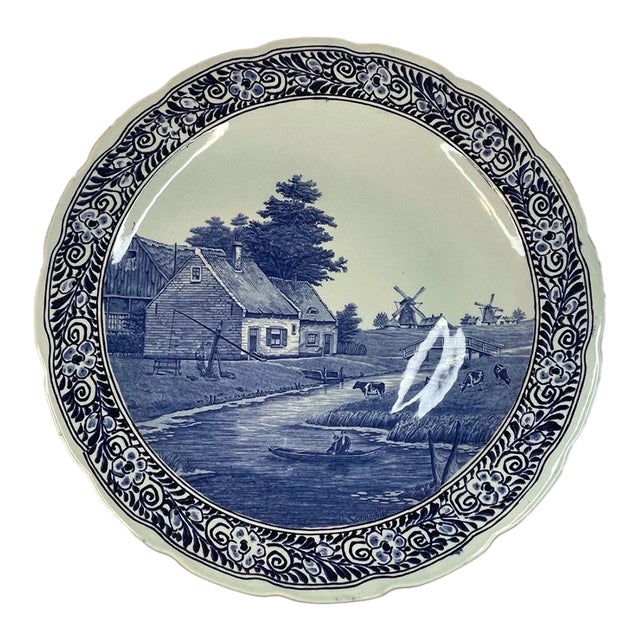 Vintage Delfts Boch Belgium Blue Windmill Holland Charger Plate For Sale