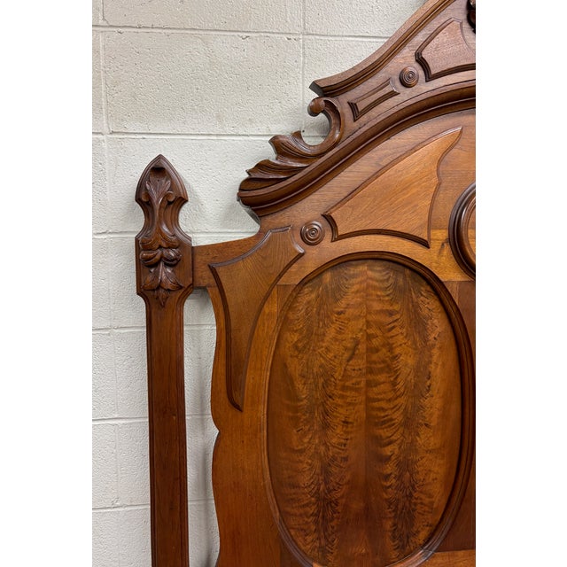 Antique Full Size Victorian Eastlake Carved Walnut and Flame Mahogany Bed For Sale - Image 11 of 14