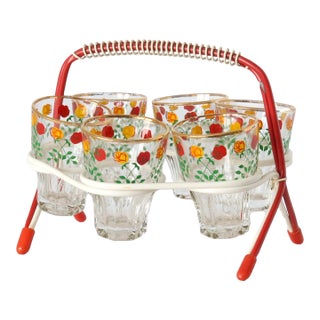 Midcentury Floral Juice / Liqueur Set For Sale
