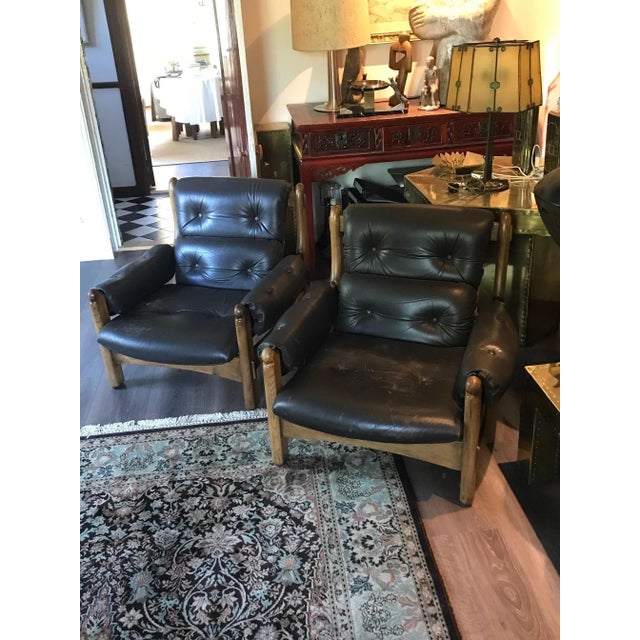 1970s Vintage Brutalist Oak and Leather Chairs, 1975, Set of 2 For Sale - Image 5 of 8