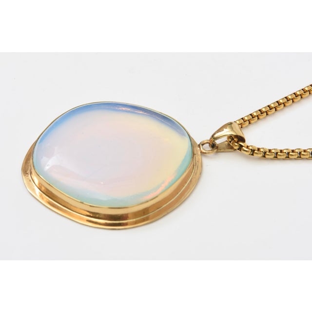 Chanel Charles Allen Gold Plated Pendant Necklace With Large Glass Blue Opalescent Stone, 1980's For Sale - Image 4 of 10