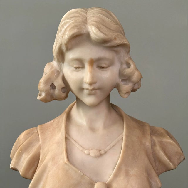 Alabaster Antique Art Nouveau Hand Carved Alabaster Bust of a Young Woman With Marble Stand For Sale - Image 8 of 10