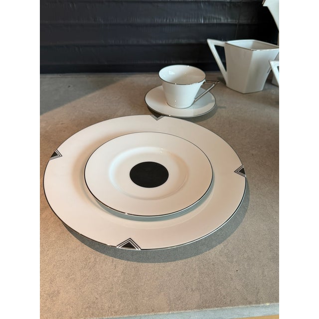 1980s 1987 Sasaki Fine China — Complete 14 Place Settings • Modernist Black + Silver Geometry For Sale - Image 5 of 5