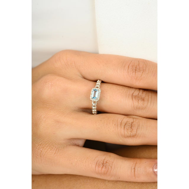 14k White Gold Halo Diamond Topaz Baguette Ring Size 6.5 For Sale - Image 4 of 11