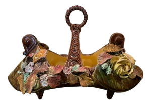 Midcentury French Hand Painted Barbotine Jardinière With Floral and Leaf Motifs