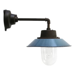 Vintage Industrial Blue Enamel and Clear Glass Wall Light For Sale