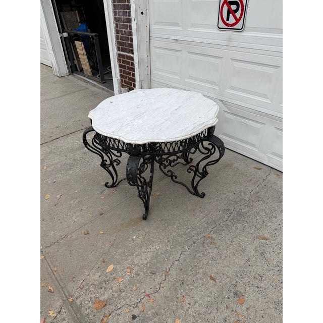 Baroque Grand Vintage Wrought Iron and White Marble Top Center Table With Ornate Scrollwork, French Baroque Revival Style For Sale - Image 3 of 12