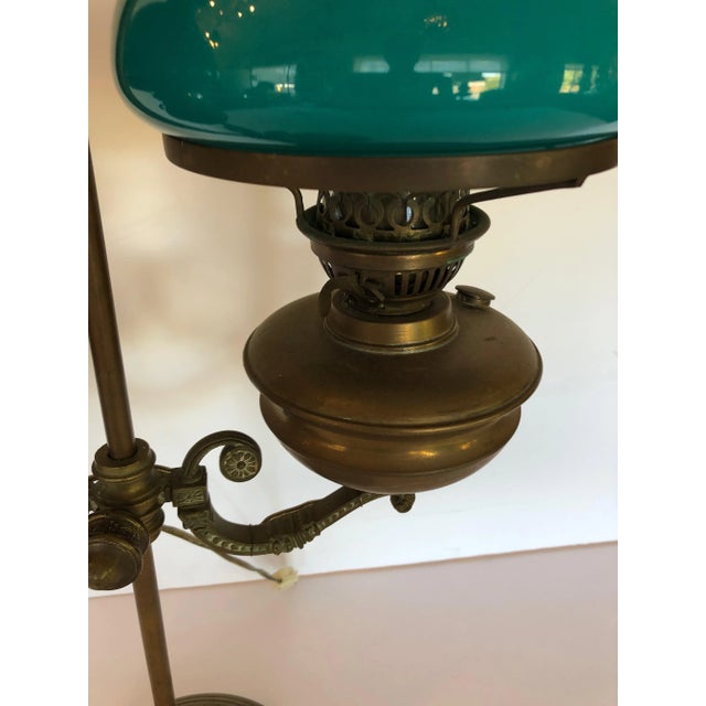 Electrified Bronze and Double Cased Green Glass Lampshade Original Oil Lamp For Sale In Philadelphia - Image 6 of 12