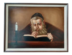 1985 Judaica "Rabbi Writing by Candlelight" Oil Painting on Masonite Board Signed Nissan