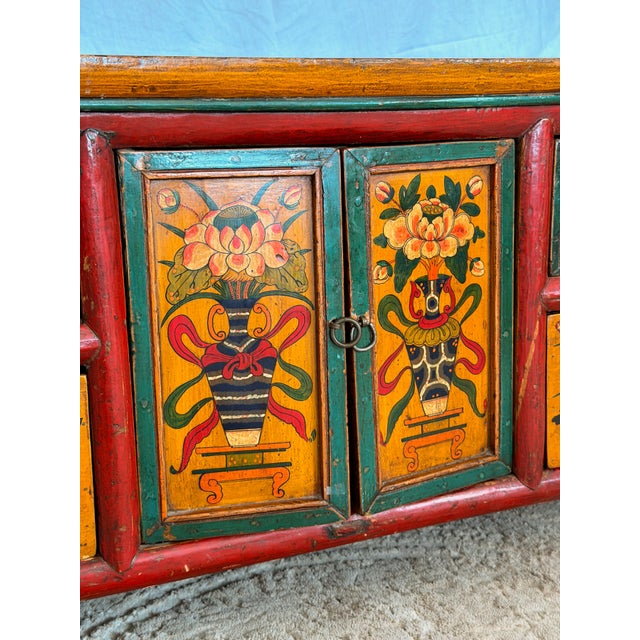 Brick Red Antique Mongolian Hand-Painted Kang Cabinet / Low Media Console For Sale - Image 8 of 17