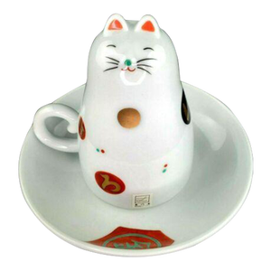2000s Maneki Neko Cat Teacup Upside Down Cup and Saucer Set- 2 Pieces
