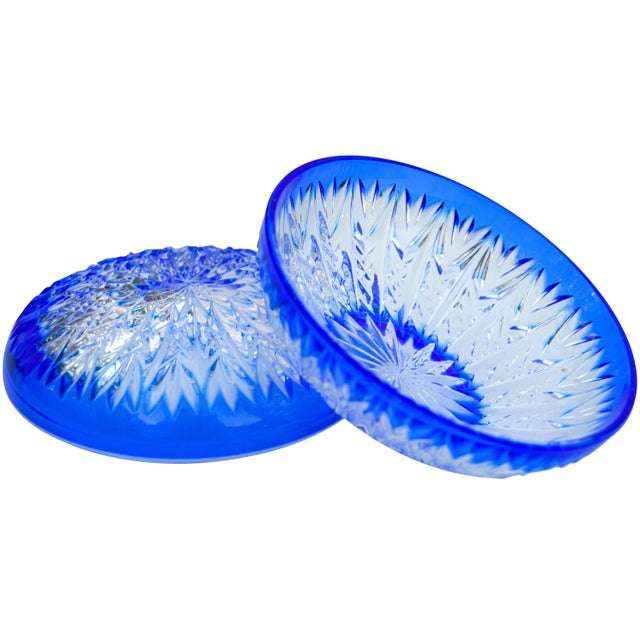 Glass Crystal-Cut Blue Lidded Bowl For Sale - Image 7 of 8
