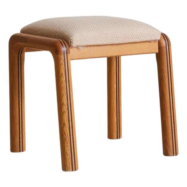 French Oak + Inlaid Wood Vanity Stool, 1960s For Sale