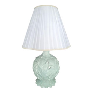 Vintage Baby Blue Glazed Ceramic Regency Cabbage Table Lamp Pleated White Shade For Sale
