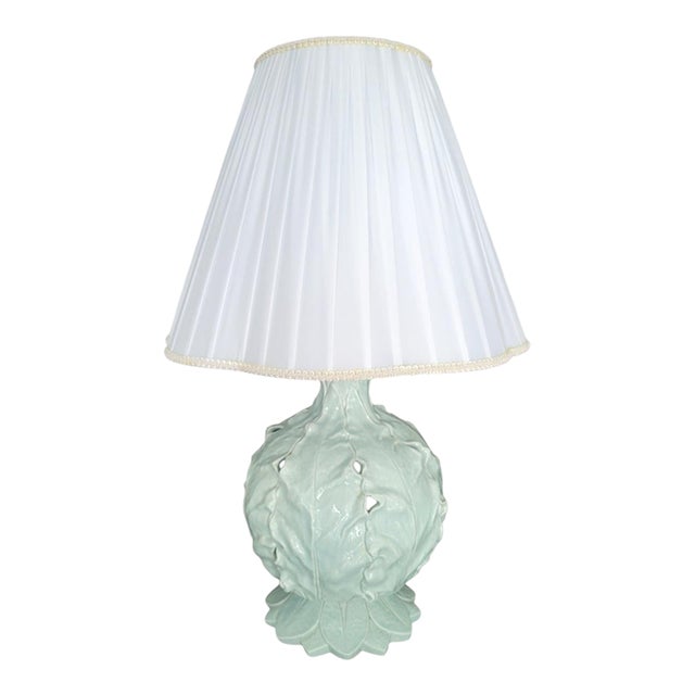 Vintage Baby Blue Glazed Ceramic Regency Cabbage Table Lamp Pleated White Shade For Sale