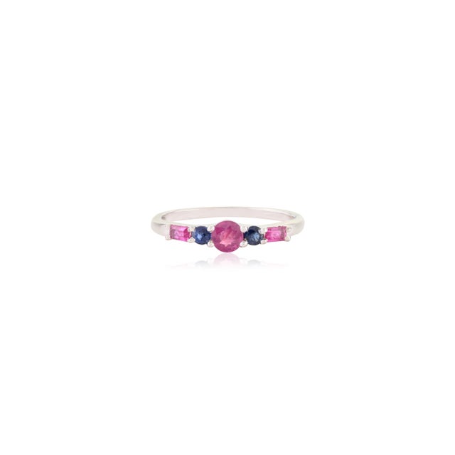 Contemporary 14k White Gold Ruby & Sapphire Five Stone Stackable Band Ring Size 6.5 For Sale - Image 3 of 14
