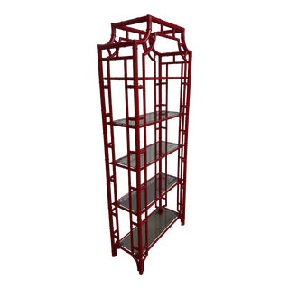 1970s Red Faux Bamboo Etagere With Glass Shelving For Sale