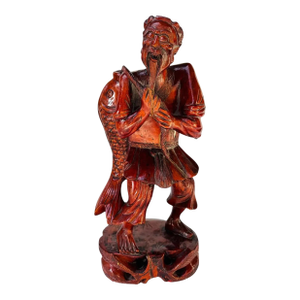 Mid-Century Hand-Carved Chinese Fisherman Statue