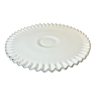 1950s Vintage Americana Farmhouse Boho Chic Fenton Silver Crest Milk Glass Ruffled Edge Low-Rise Cake Stand For Sale
