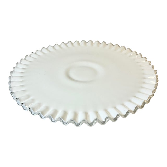 1950s Vintage Americana Farmhouse Boho Chic Fenton Silver Crest Milk Glass Ruffled Edge Low-Rise Cake Stand For Sale