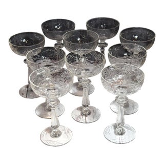 Vintage Rock Sharpe Paisley Pattern Etched Glass Champagne Tall Sherbets Goblets Stems - Set of 10 For Sale