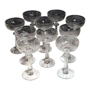Vintage Rock Sharpe Paisley Pattern Etched Glass Champagne Tall Sherbets Goblets Stems - Set of 10