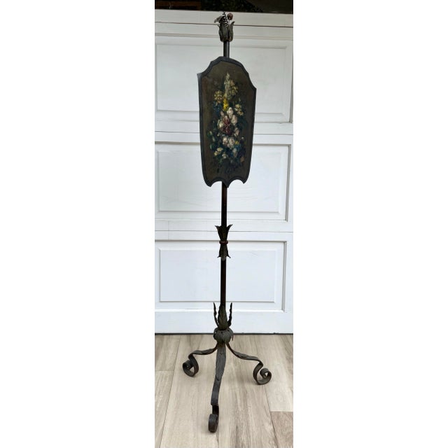 Bronze Antique Hand-Painted Floral Tôle Shield Fireplace Screen on Wrought Iron Stand For Sale - Image 8 of 12