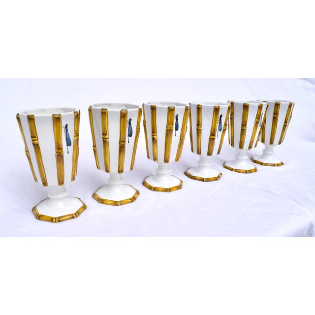 Mid-Century Modern Majolica Bamboo With Dragonflies Beverage Goblets S/11 For Sale - Image 3 of 13