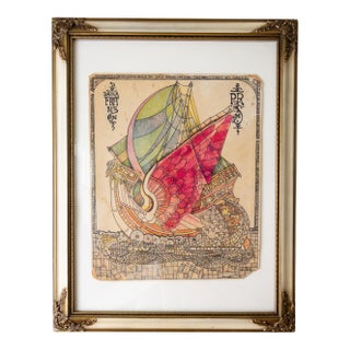 Fantasy Flying Ship Illustration by Counterculture Artist Dana Franzen For Sale