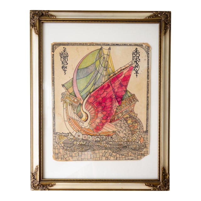 Fantasy Flying Ship Illustration by Counterculture Artist Dana Franzen For Sale