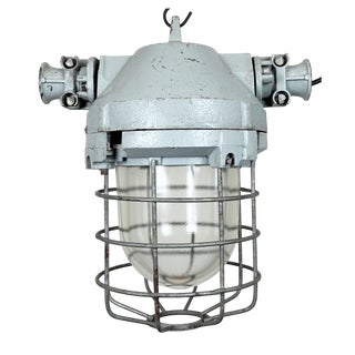 Industrial Grey Bunker Ceiling Light with Iron Cage from Elektrosvit, 1970s For Sale