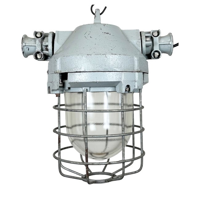 Industrial Grey Bunker Ceiling Light with Iron Cage from Elektrosvit, 1970s For Sale